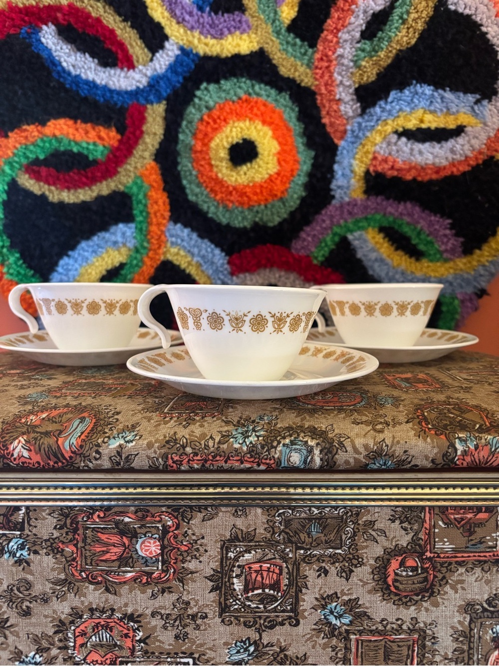 Three Vintage Corelle Butterfly Gold Tea Cups and Saucers